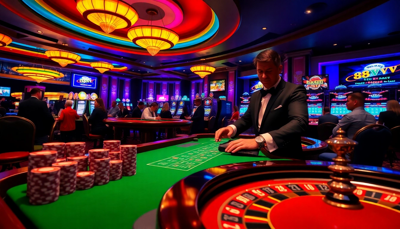 Players celebrating wins at 88VV casino with roulette and slot machines, emphasizing excitement.