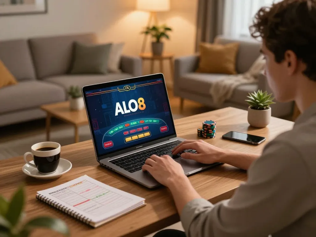 Engaging in a strategic ALO8 online gaming session at a cozy home setting with live dealer gameplay.