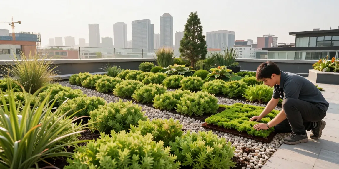Installation einer extensiven Dachbegrünung mit Sedum-Pflanzen in städtischer Umgebung