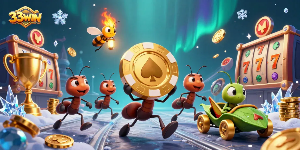 Engage with 33WIN's dynamic gaming experience through a thrilling illustration of ants on a golden poker chip journey.