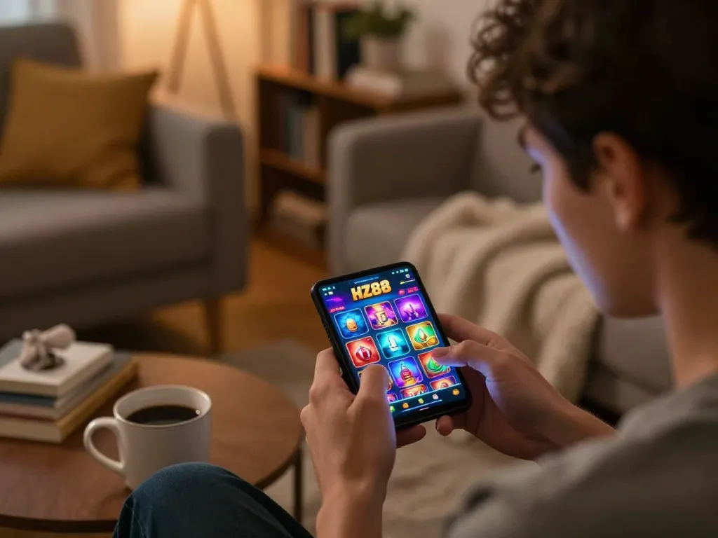 Engaging gameplay on HZ88 casino app in a cozy home setting, showing immersive online gambling experience.