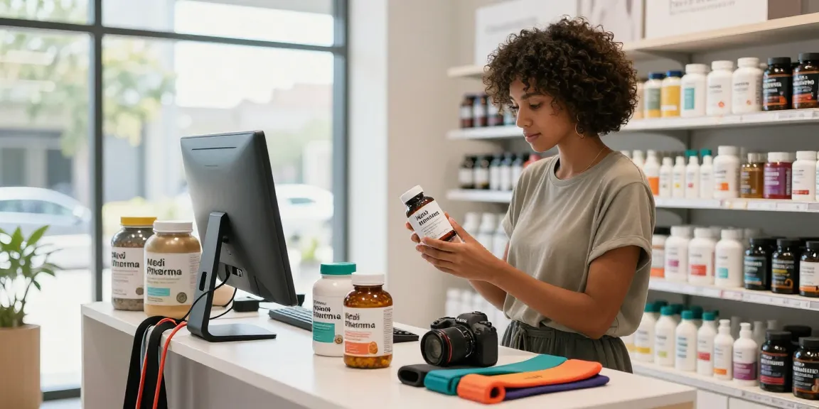 Durchstöbern von Wellness-Produkten im Medi Pharma Shop, der Gesundheits-Nahrungsergänzungen und Fitnessartikel präsentiert.