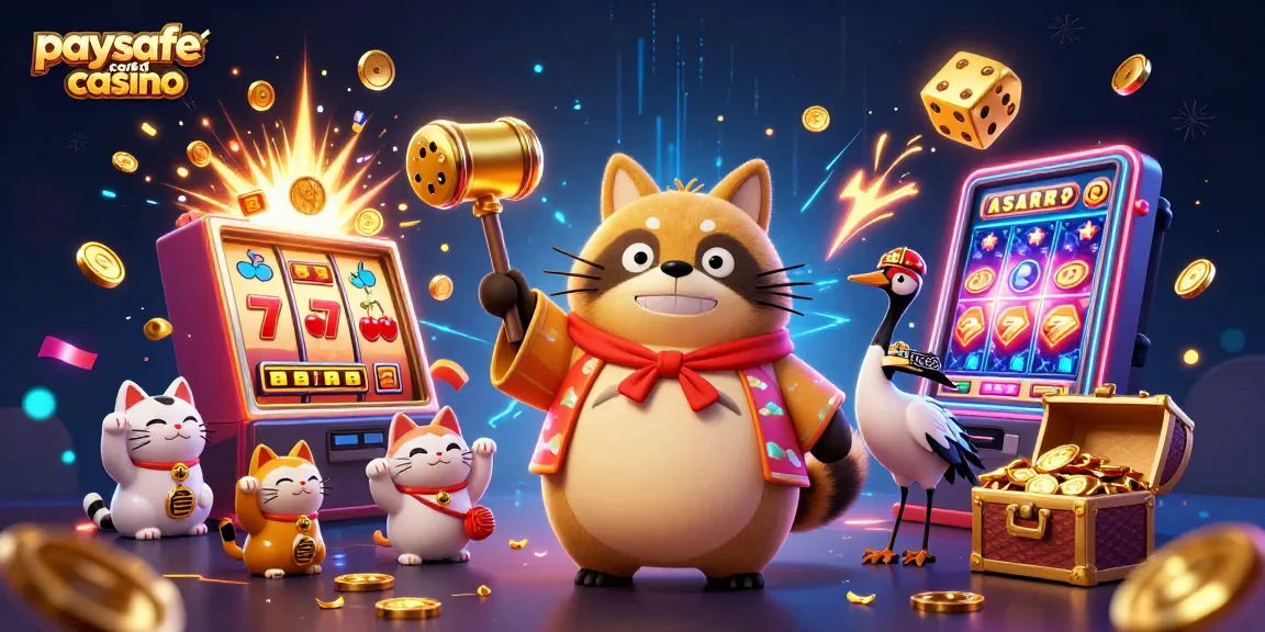 Erleben Sie Aufregung im Paysafe Card Casino mit fröhlichen Tanukis und lebhaften Spielautomaten in einer festlichen Szene.