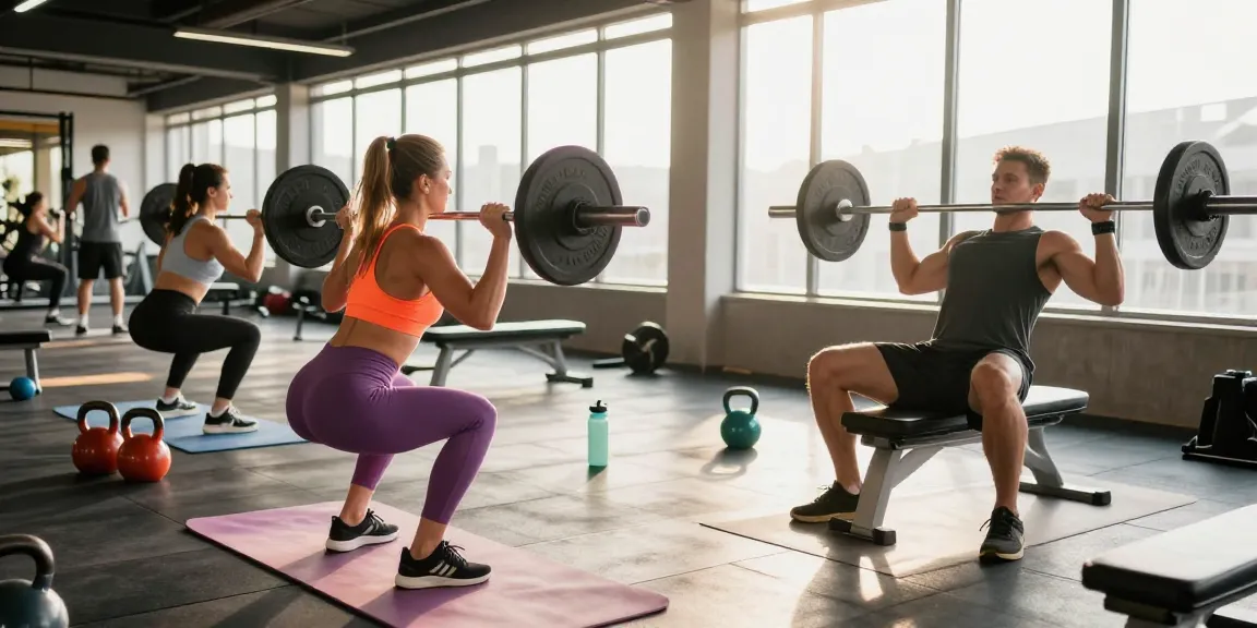 Anabolika Shop: Athleten im Fitnessstudio beim Gewichtheben, Sonnenlicht durch große Fenster sorgt für motivierende Stimmung.