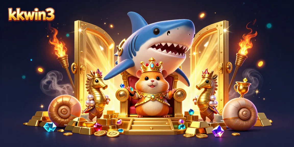 kkwin3 showcases the fierce golden hamster king on a megalodon throne surrounded by casino treasures.