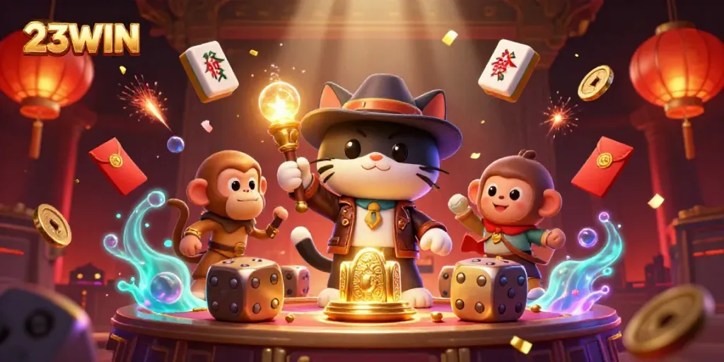 Experience the excitement of 23WIN with dynamic casino characters and vibrant game elements.