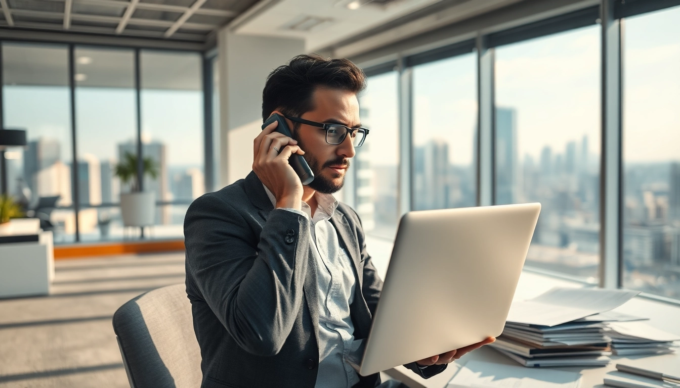 Headhunter IT arbeitet im modernen Büro, telefoniert und nutzt Laptop.