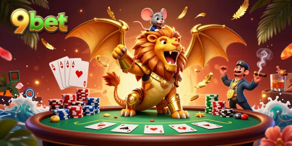 Engage with 9bet's thrilling poker atmosphere featuring a majestic chimera and vibrant game elements.