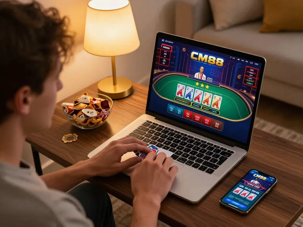 Engaged player using CM88 casino app on laptop for blackjack gaming in cozy home setup.