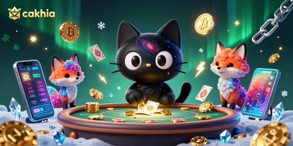 Cakhia engages players with captivating games amidst vibrant cosmic visuals and cryptocurrency elements.