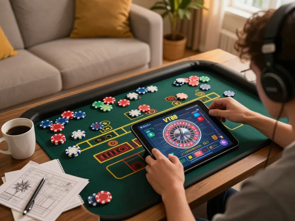 VT88 online gaming session with tablet showing roulette game, cozy home atmosphere.