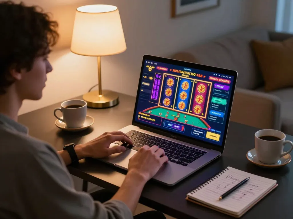 Engaging in online gaming at https://kkwinzz.com/ with a laptop displaying colorful slot graphics in a cozy home setup.