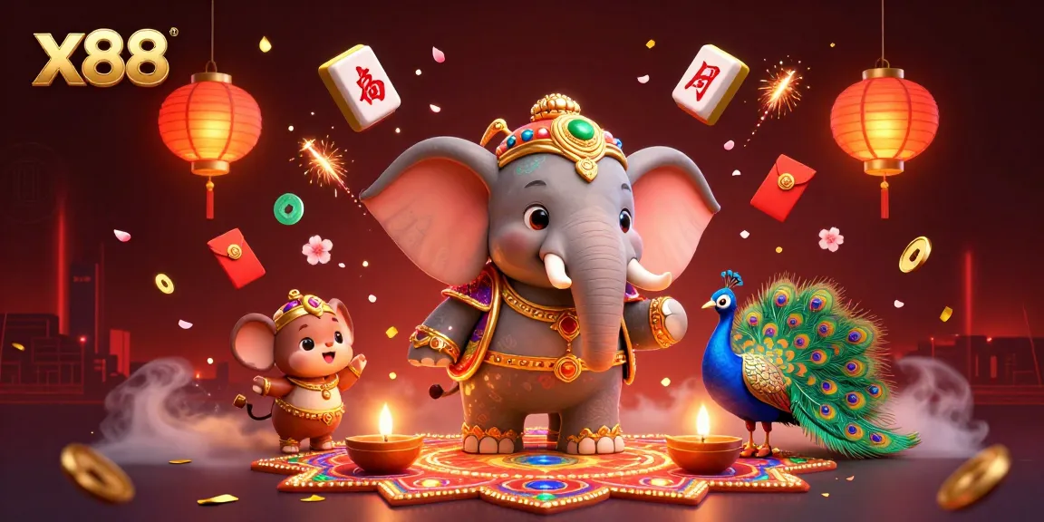 Bet on x88 with vibrant 3D artwork showcasing a lucky elephant and gaming symbols.