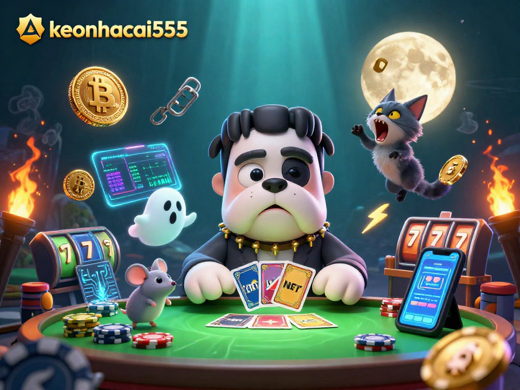 Engage in thrilling casino action with keonhacai555's unique gambling scene featuring a mystical dog dealer.