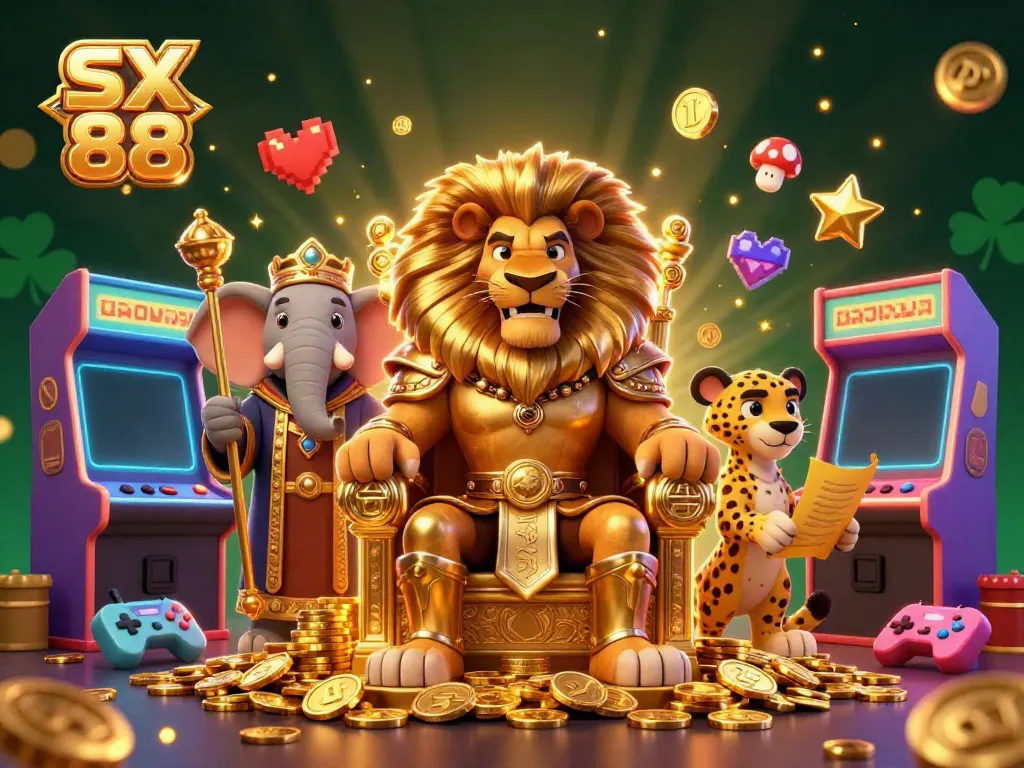 SX 88 showcases a vibrant online casino scene with characters surrounded by arcade games and glittering elements.