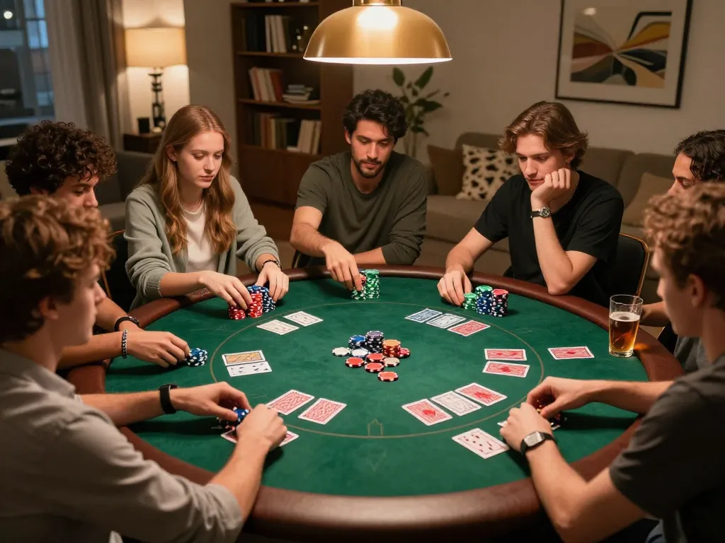 Friends enjoying a thrilling poker game at home, showcasing the strategic gameplay on SC88 platform.