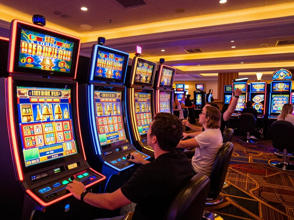 Các người chơi LUCK8 tận hưởng cảm giác hồi hộp của máy đánh bạc trong không khí casino sôi động, ăn mừng chiến thắng.