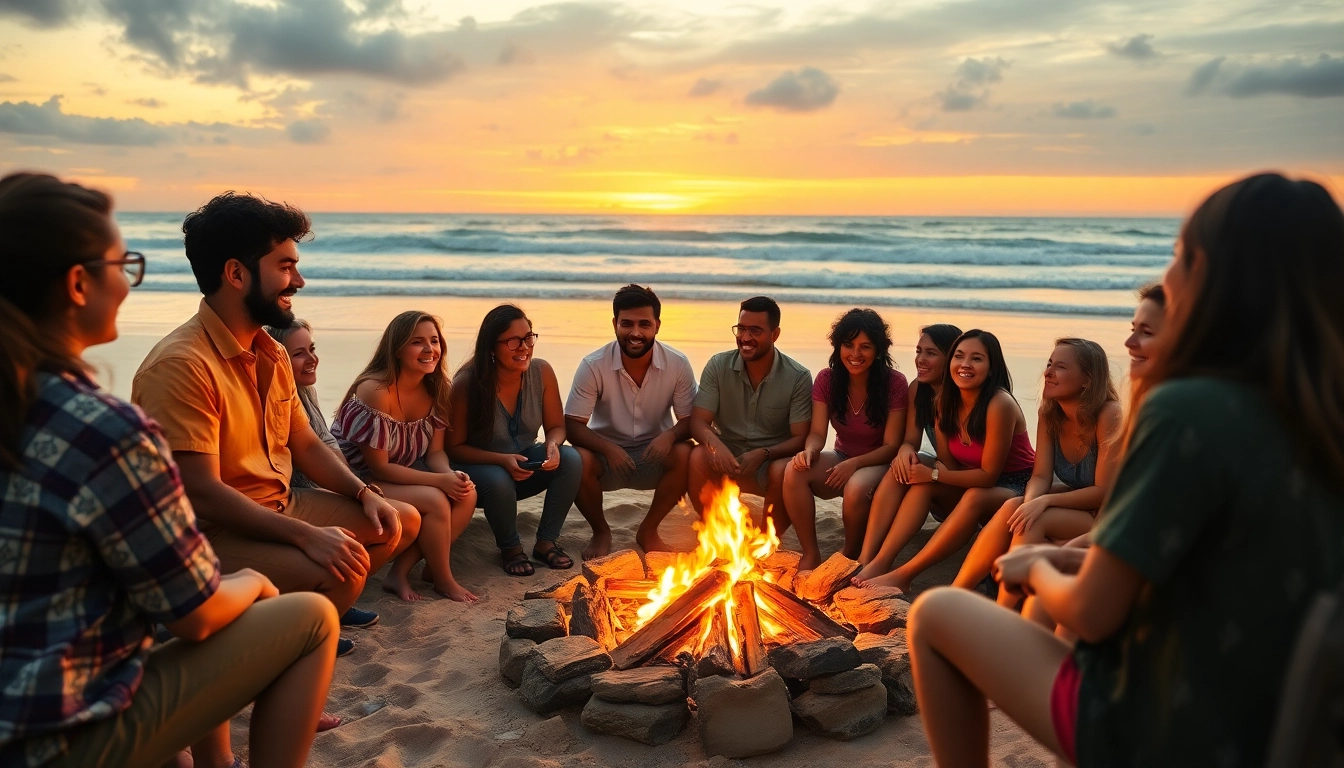 Interacting within a vacation community, showcasing togetherness at the beach during sunset.