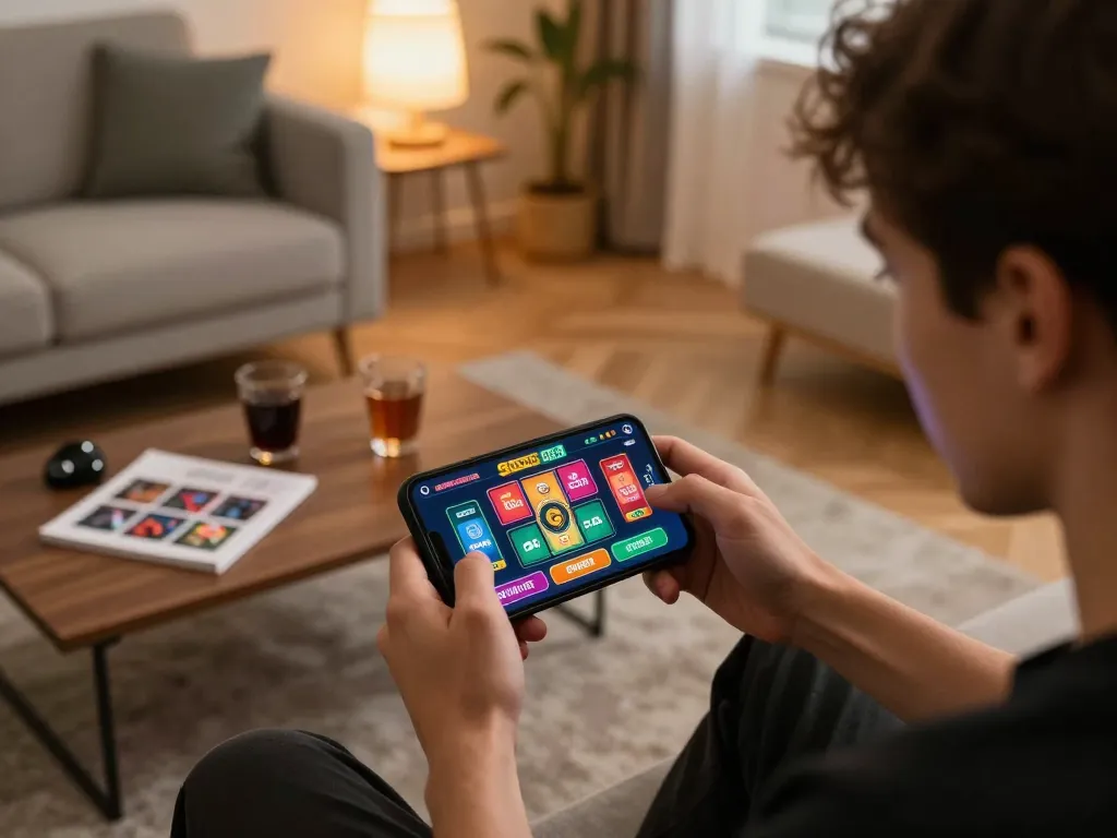 Engaging mobile gaming experience showing Link SC88 app on smartphone as user strategizes bets in cozy home setting.