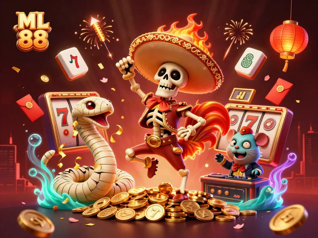 Join the fun at ML 88 with engaging slot reels and vibrant characters in a 3D casino scene.