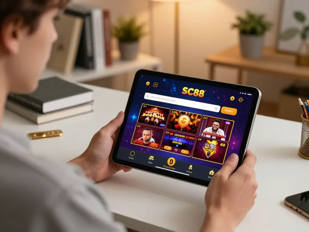 Engaging with the SC88 casino app for online gambling in a stylish home office.