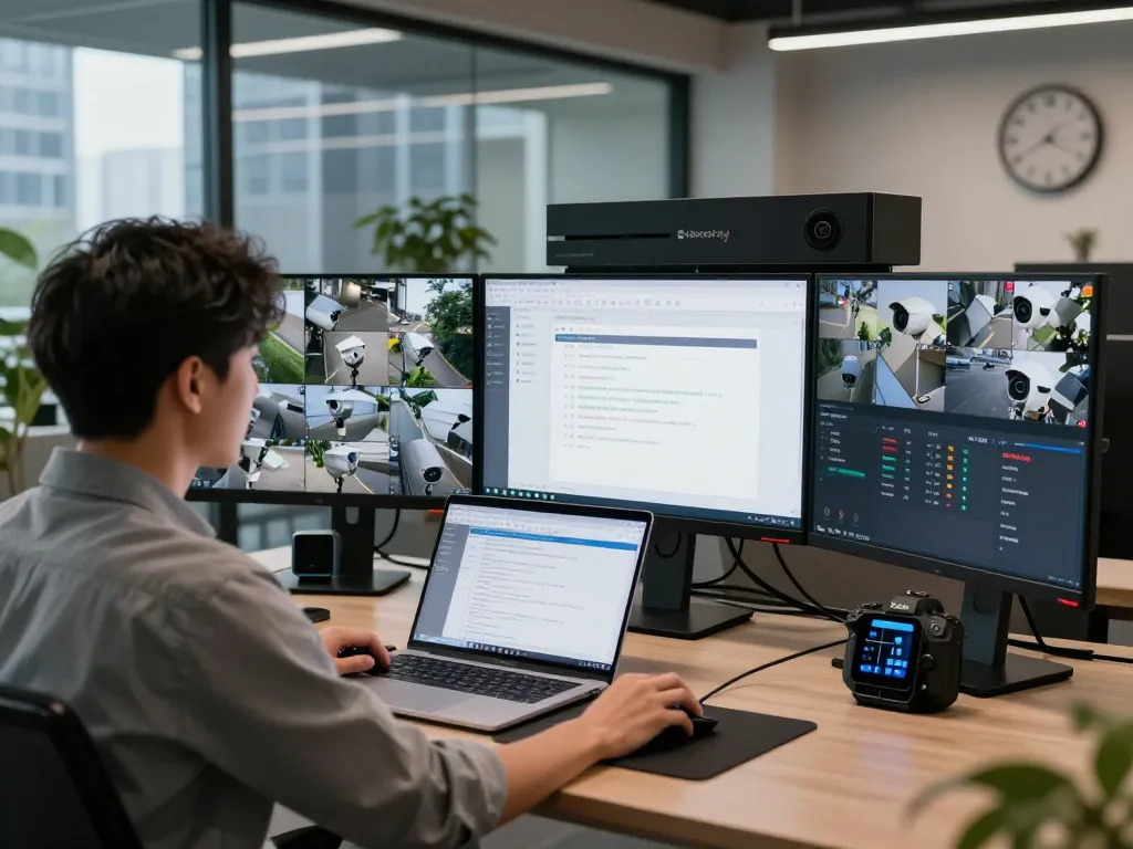 Experte sichert Synology Kamera-Lizenzen in einem modernen Technikarbeitsplatz mit Fokus auf Überwachungskonfigurationen.