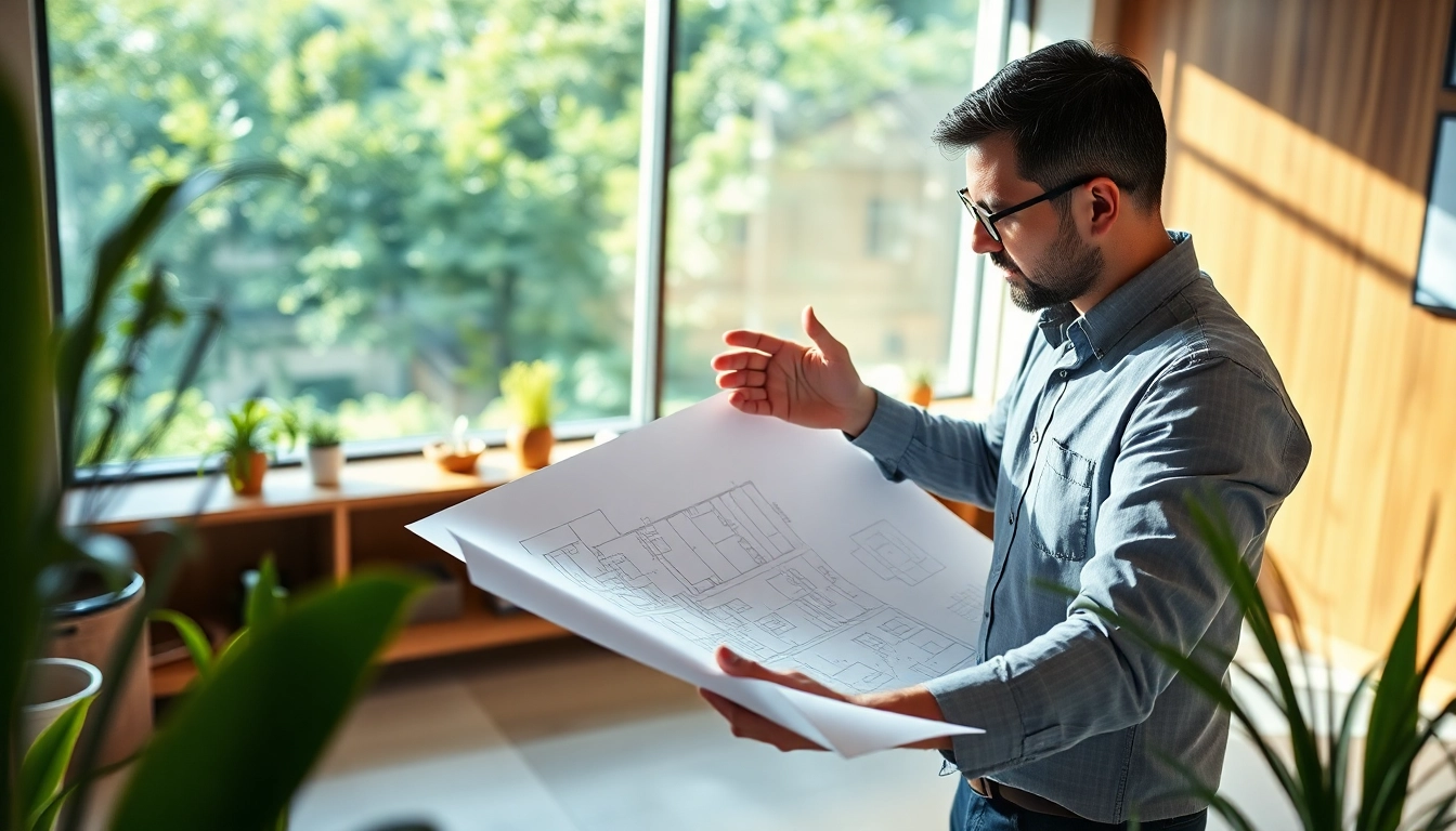 Haus bauen: Ein Architekt überprüft Baupläne in einem modernen, hellen Büro mit Blick auf die Natur.