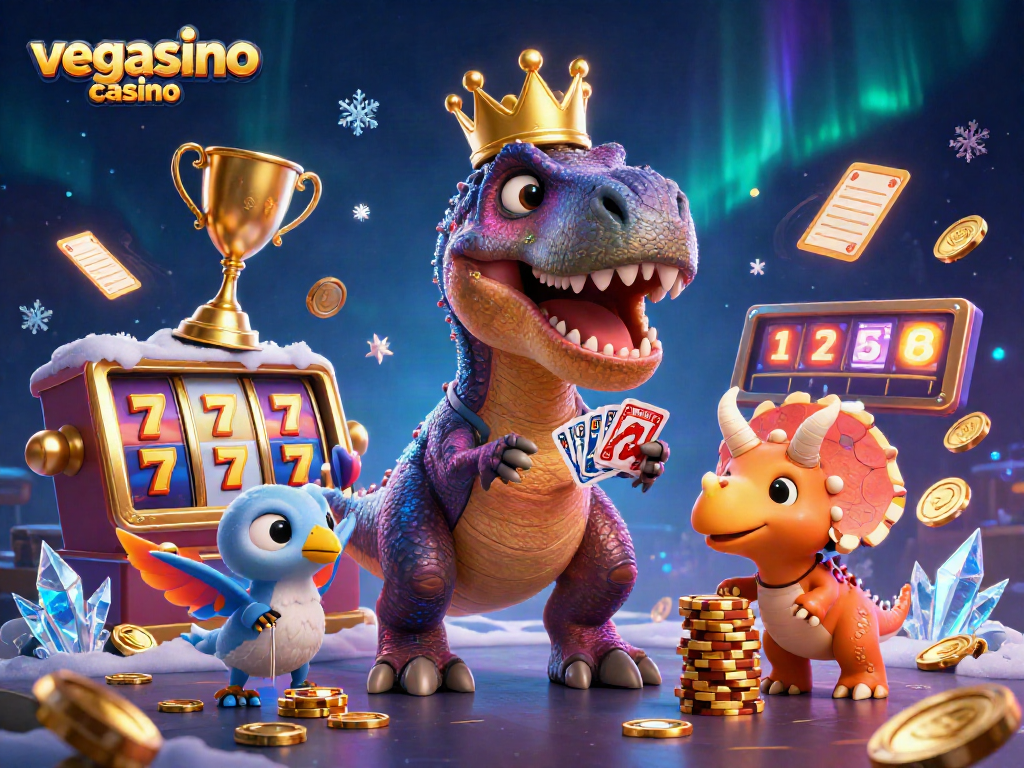 Experience the vibrant world of vegasino casino with a T-Rex shuffling cards and a baby triceratops stacking chips.