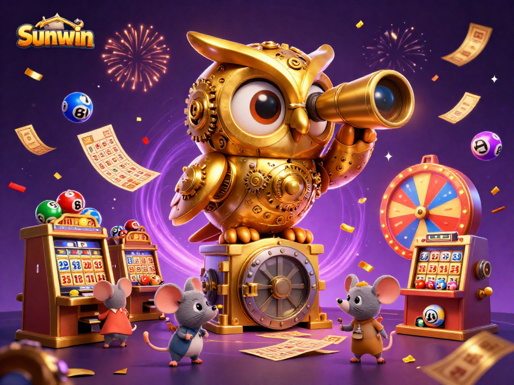 Engage with Sunwin's vibrant casino scene featuring a golden owl and dynamic lottery elements.