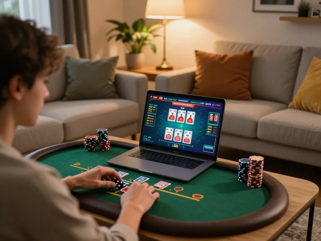 Engaging in online blackjack at home with 123win net on laptop, creating a focused gaming atmosphere.