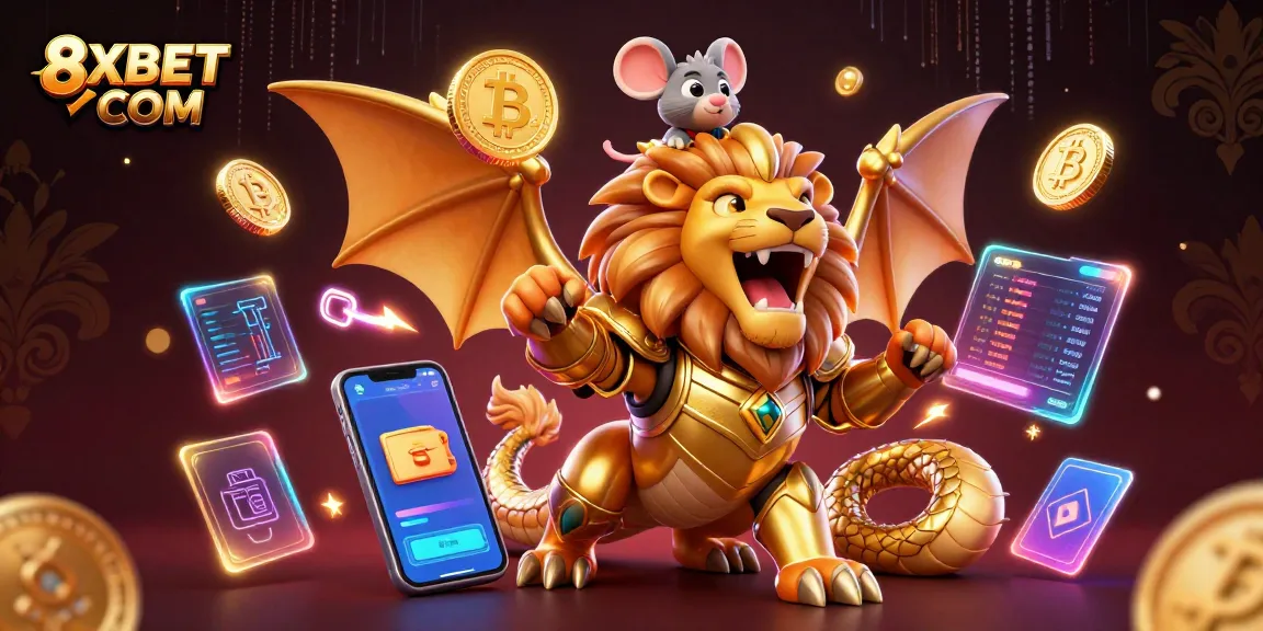 Experience gaming triumphs with 8XBET COM in this vibrant 3D illustration combining crypto and casino excitement.