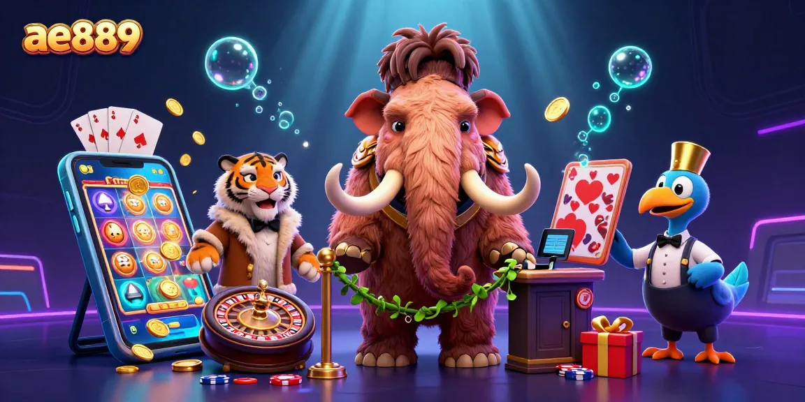 Play at ae889 with a vibrant casino scene featuring unique characters, slot games, and dynamic elements.