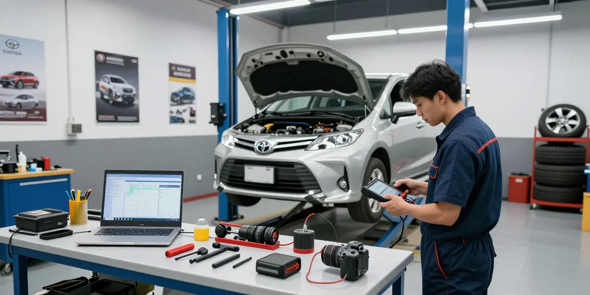 Mechaniker, der einen Toyota Verso Motor in einer hellen Automobilwerkstatt inspiziert.