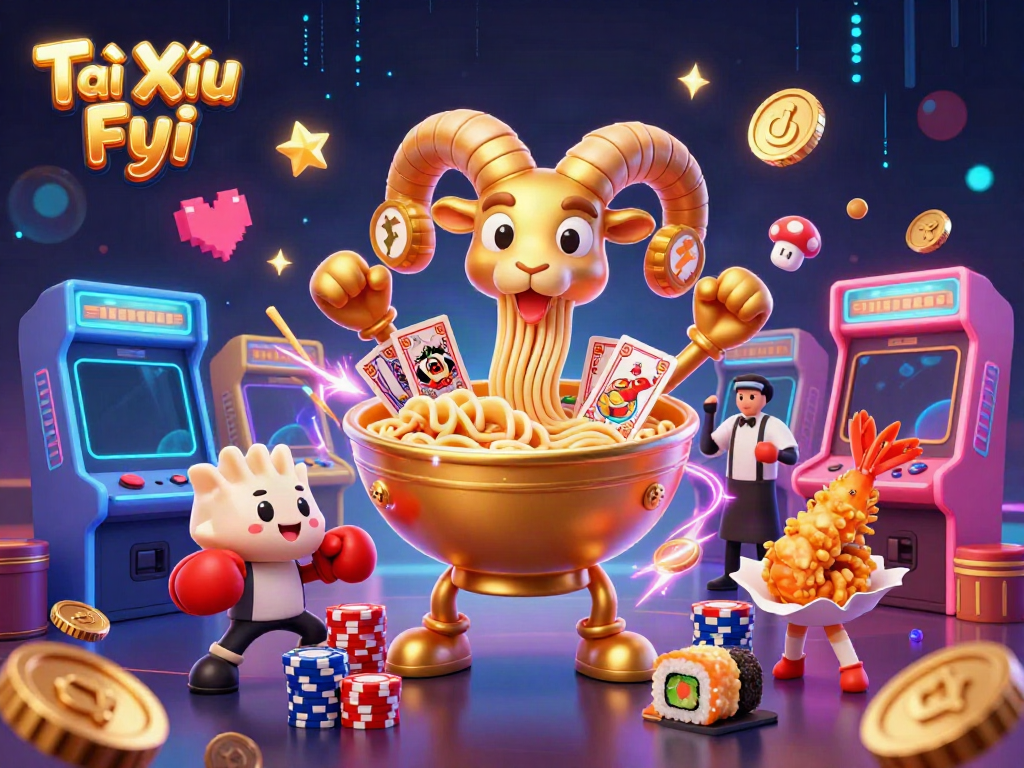 Tài Xỉu Fyi showcases a vibrant 3D casino scene with animated characters and arcade elements.