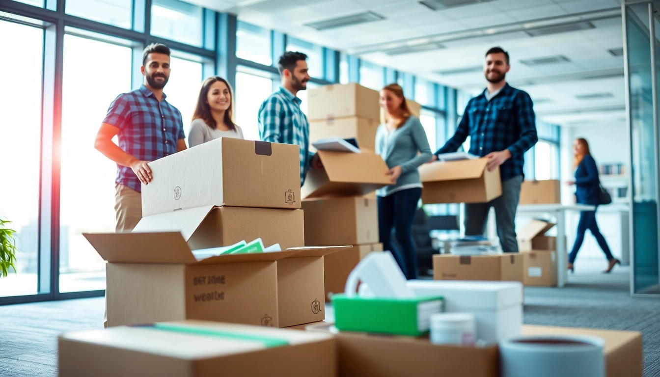 Efficient Büroumzug Berlin mit einem dynamischen Umzugsteam, das sorgfältig Büromaterialien packt.