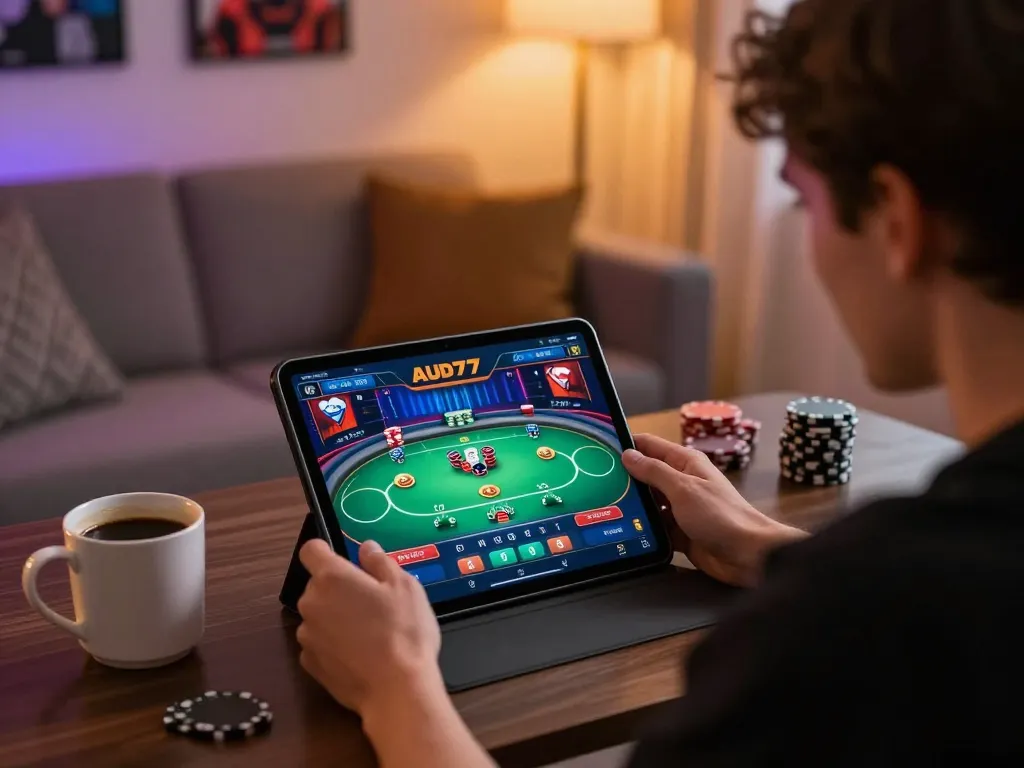 Engaging online gaming session on aud77 with a player focused on poker strategy.