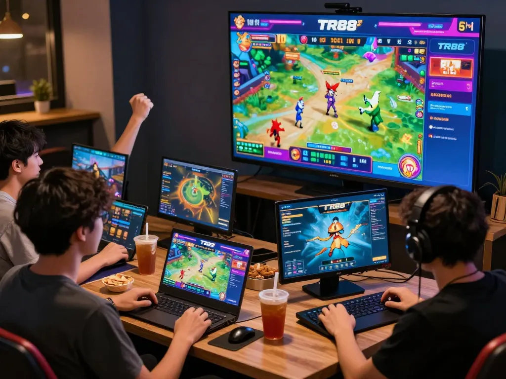 Engaged gamers enjoying TR88's online betting platform with vibrant game graphics.