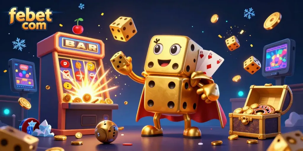 Experience the excitement at febet com with dynamic gaming elements and characters in this vivid illustration.