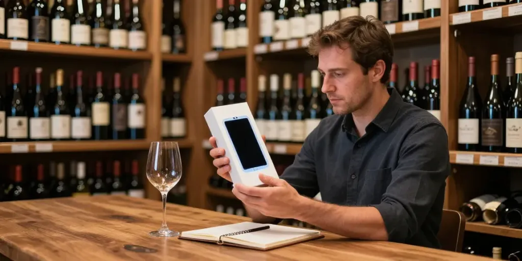 Professioneller Sommelier scannt mit Wein scannen App etiket einer Flasche in der modernen Weinkellerei.