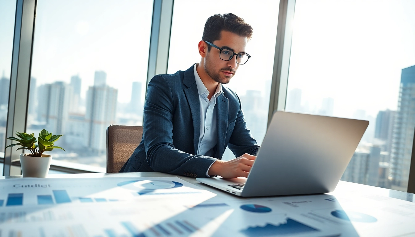 Aktive Finanzanalyse durch einen Finanzanalytiker mit modernen Grafiken und beruhigenden Farben.