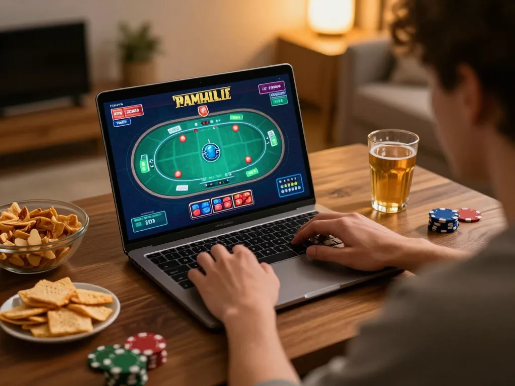 Engage in strategic online gaming at nk88 with friends in a cozy home setting.