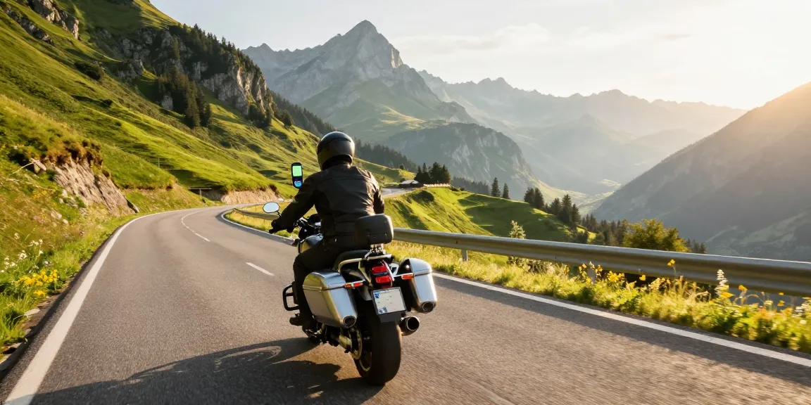 Motorradfahrer auf einer atemberaubenden Straße, die die besten Straßen für Motorradfahren in Deutschland in einer malerischen Berglandschaft zeigt.