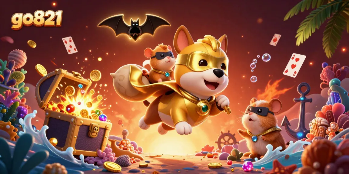 Engage with go821's thrilling casino world, featuring a superhero dog flying with gold coins alongside vibrant casino elements.