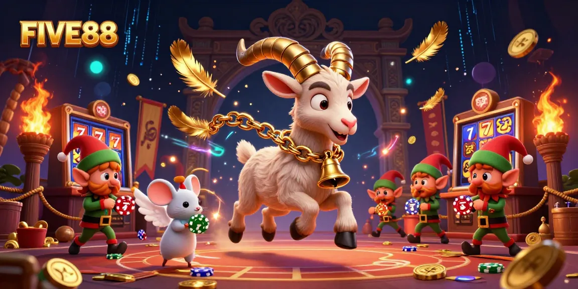 Engage with the thrilling FIVE88 slots adventure depicted in a vibrant cartoon casino scene.