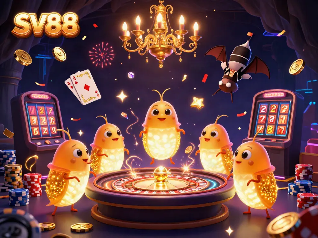 Experience the vibrant SV88 casino scene with glowworms, golden coins, and a bat dealer.