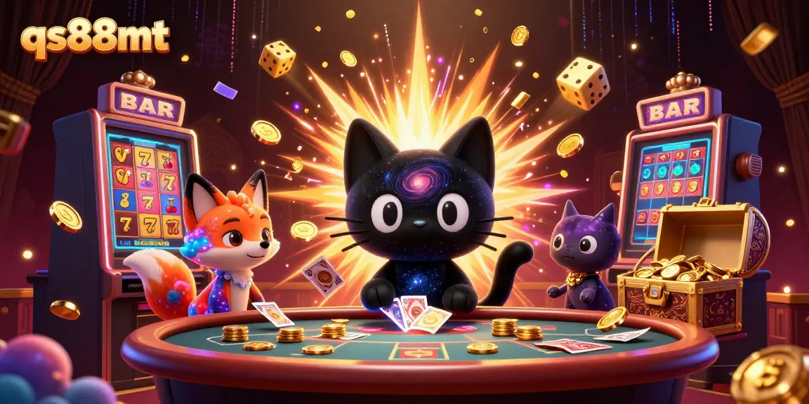 Experience wins at qs88mt with a cosmic casino scene featuring a black hole cat pulling in chips.