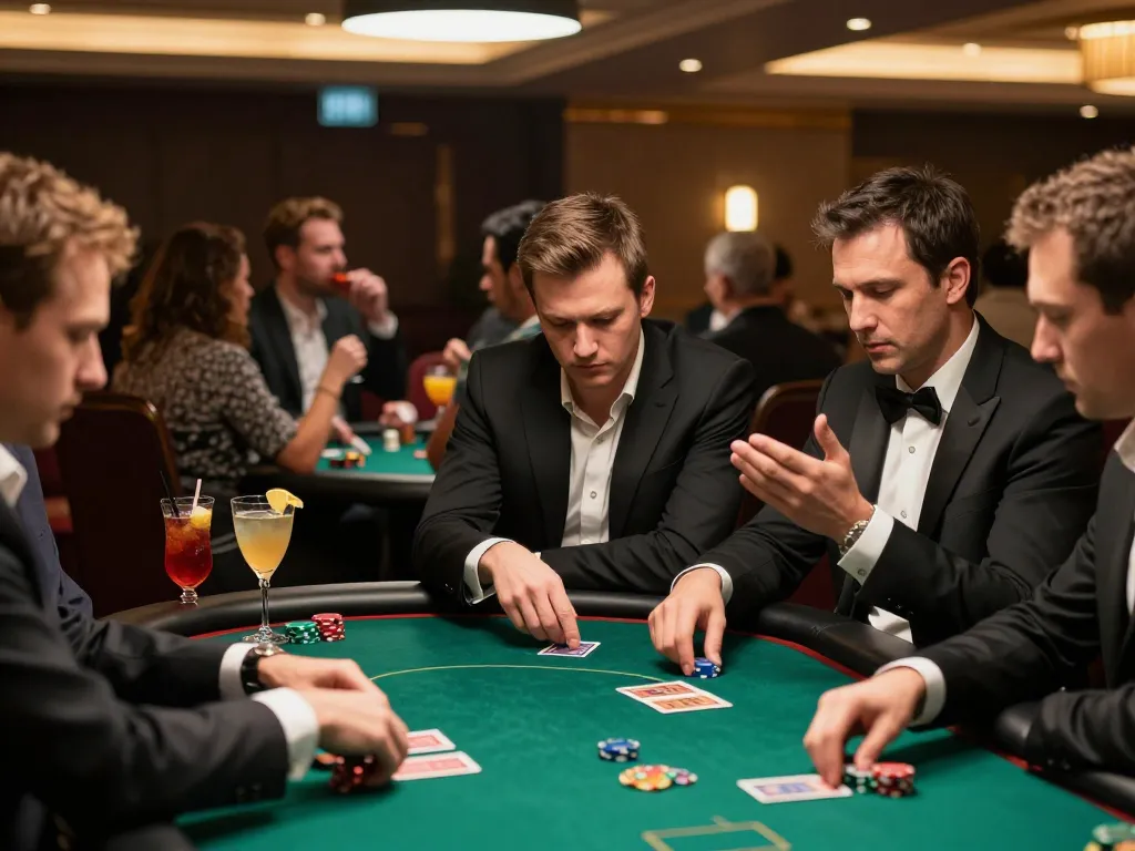 Engagierter Spieler an einem Pokertisch während eines hochkarätigen Spiels, das Immobilienmakler Frankfurt Sachsenhausen zeigt