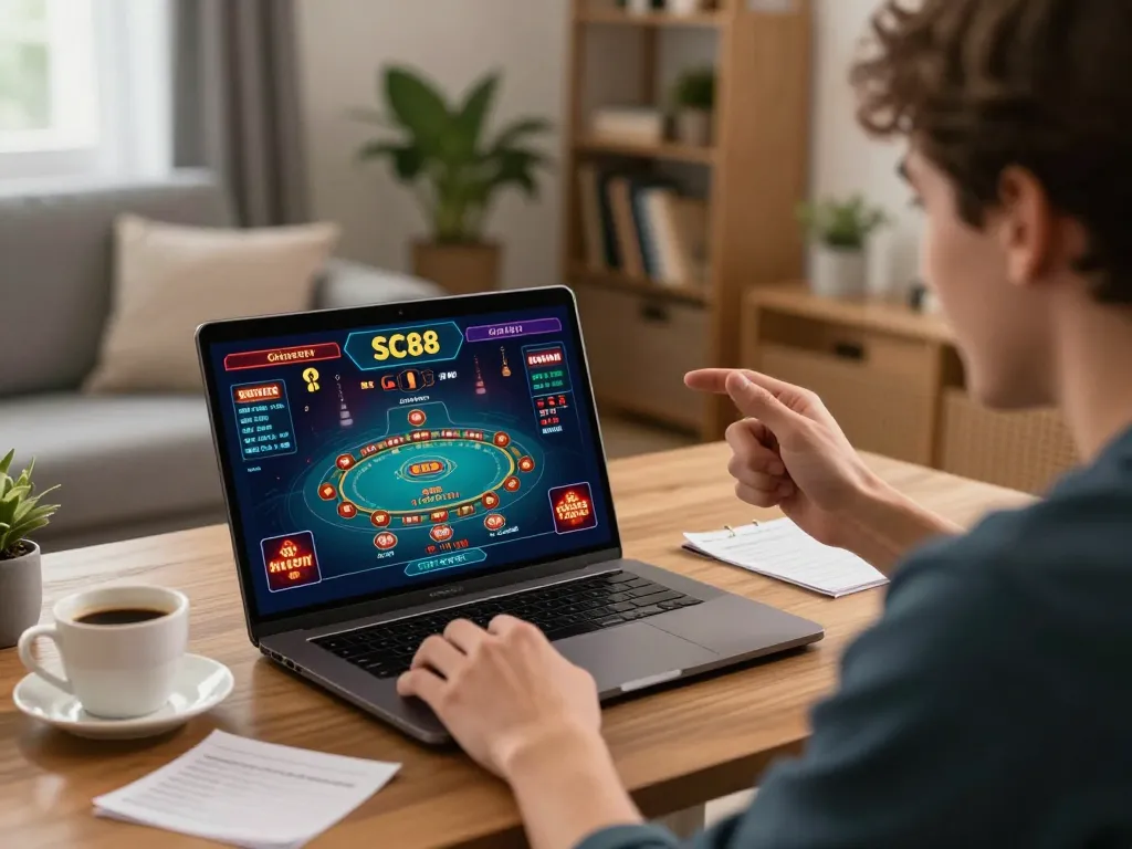 Engaging in exciting online SC88 Game with live casino graphics on a laptop.