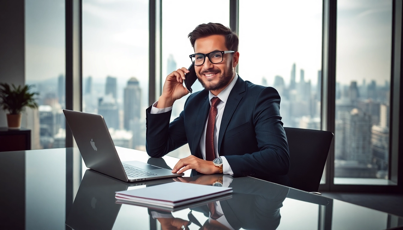 Headhunter im modernen Büro, telefonierend und professionell wirkend.