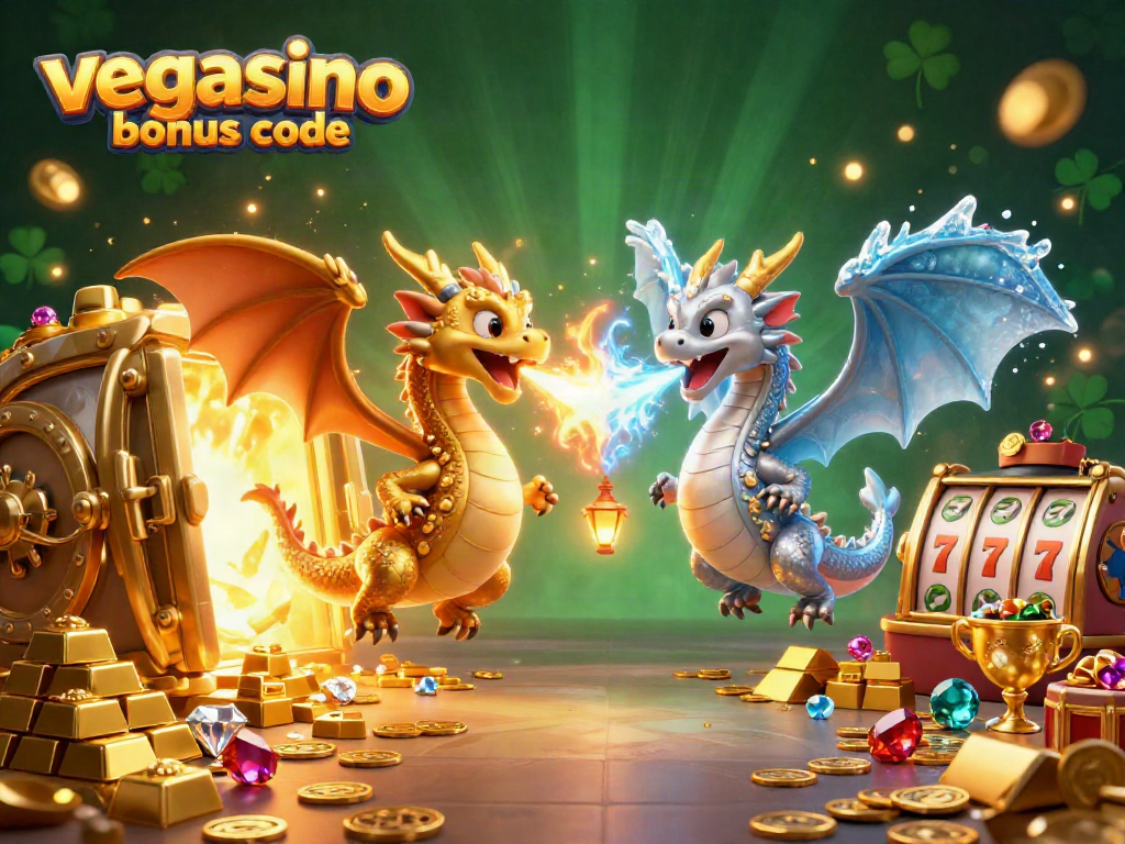 Claim your vegasino bonus code in this vibrant casino-themed illustration featuring golden treasure and playful dragons.